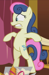 Size: 582x889 | Tagged: safe, screencap, bon bon, sweetie drops, earth pony, pony, g4, slice of life (episode), bipedal, cropped, gritted teeth, scared, solo
