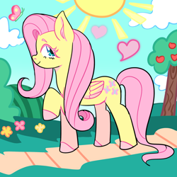 Size: 1936x1936 | Tagged: safe, artist:pygmimi, fluttershy, butterfly, pegasus, pony, g4, apple, apple tree, cloud, colored hooves, crepuscular rays, cute, female, folded wings, heart, mare, outdoors, profile, raised hoof, shyabetes, sky, smiling, sun, tree, wings