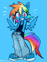 Size: 685x900 | Tagged: safe, artist:next-lvl, rainbow dash, pegasus, anthro, g4, blue background, clothes, cool, female, grin, hand in pocket, looking at you, no pupils, pants, shoes, simple background, smiling, solo, tank top