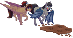 Size: 3500x1850 | Tagged: safe, artist:uunicornicc, oc, oc only, bat pony, pegasus, pony, bat pony oc, bat wings, duo, magnifying glass, mud, paw prints, simple background, transparent background, wings