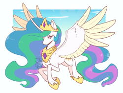 Size: 2048x1558 | Tagged: safe, artist:baitydraws, princess celestia, alicorn, pony, g4, colored wings, colored wingtips, female, flying, looking at you, mare, sky, solo, spread wings, wings