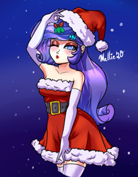 Size: 625x800 | Tagged: safe, artist:melliedraws, rarity, human, g4, bare shoulders, beautisexy, beauty mark, breasts, christmas, clothes, costume, dress, evening gloves, eyeshadow, female, gloves, hat, holiday, holly, holly mistaken for mistletoe, humanized, kissy face, leggings, lipstick, long gloves, looking at you, makeup, one eye closed, santa costume, santa hat, signature, skirt, sleeveless, socks, solo, strapless, thigh highs, wink, winking at you