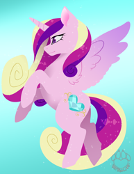Size: 2550x3300 | Tagged: safe, artist:happyfoxxart, princess cadance, alicorn, pony, g4, blue background, female, high res, mare, rearing, signature, simple background, smiling, solo, spread wings, wings