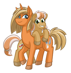 Size: 1176x1200 | Tagged: safe, artist:texasuberalles, oc, oc only, oc:memory match, oc:wine barrel, earth pony, pony, unicorn, 2021 community collab, derpibooru community collaboration, duo, female, hug, mare, mother and child, mother and daughter, simple background, size difference, transparent background