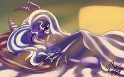Size: 2000x1250 | Tagged: safe, artist:draconightmarenight, oc, oc only, dragon, bed, dragon oc, horns, lying down, lying on bed, morning after, on bed, solo
