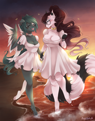 Size: 2368x3000 | Tagged: safe, artist:bunnywhiskerz, oc, oc only, oc:lacy, cat, pegasus, anthro, beach, breasts, clothes, commission, date, digital art, dress, duo, duo female, eyes closed, female, furry, furry oc, happy, high res, lesbian, ocean, open mouth, simple background, sky, spread wings, sunset, tail, wings
