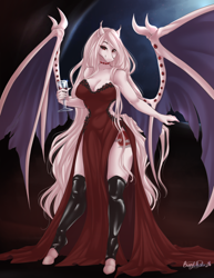 Size: 1306x1690 | Tagged: safe, artist:bunnywhiskerz, oc, oc only, oc:crimson, bat pony, anthro, unguligrade anthro, bat pony oc, bat wings, breasts, clothes, commission, cutie mark, digital art, dress, female, jewelry, looking at you, necklace, simple background, smiling, smiling at you, solo, spread wings, stockings, tail, thigh highs, thighs, wide hips, wings