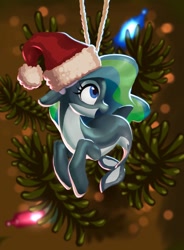 Size: 1134x1540 | Tagged: safe, artist:nadnerbd, oc, oc only, oc:marina (efnw), sea pony, seapony (g4), christmas, everfree northwest, female, fish tail, hat, hearth's warming eve, holiday, mare, pine tree, plant, santa hat, solo, tail, tree