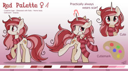 Size: 4500x2500 | Tagged: safe, artist:liquorice_sweet, oc, oc:red palette, pony, unicorn, artist, clothes, cute, cutie mark, horn, magic, pink, red, reference sheet, scarf, unicorn oc