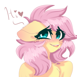 Size: 768x768 | Tagged: safe, artist:moodi, fluttershy, pegasus, pony, g4, alternate hairstyle, blushing, bust, chest fluff, cute, dialogue, ear blush, ear fluff, eye clipping through hair, female, floppy ears, looking at you, moodi is trying to murder us, open mouth, short hair, shyabetes, simple background, smiling, solo, white background