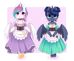 Size: 1300x1078 | Tagged: safe, artist:ipun, princess celestia, princess luna, alicorn, anthro, unguligrade anthro, g4, alternate hairstyle, apron, arm hooves, bar maid, barmaid, blushing, chibi, choker, clothes, colored hooves, cute, double buns, dress, duo, female, friendship cafe, hair bun, heart, high ponytail, hoof hold, lipstick, looking up, maid, makeup, off the shoulder, open mouth, ponytail, puffy sleeves, royal sisters, short sleeves, shoulderless, siblings, side by side, sisters, smiling