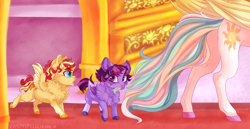 Size: 2900x1500 | Tagged: safe, artist:castaspellliana, princess celestia, sunset shimmer, twilight sparkle, alicorn, pony, g4, alicornified, alternate universe, baby, baby pony, baby sunset shimmer, baby twilight sparkle, biting, butt, chest fluff, cute, female, filly, filly sunset shimmer, filly trixie, fluffy, foal, mare, momlestia, offscreen character, plot, race swap, shimmerbetes, shimmercorn, story included, sunbutt, tail bite, translated in the comments, twiabetes, twilight sparkle (alicorn), younger