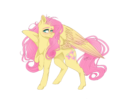 Size: 1280x1024 | Tagged: safe, artist:copshop, part of a set, fluttershy, pegasus, pony, g4, concave belly, female, looking sideways, mare, raised hoof, simple background, smiling, solo, spread wings, standing, transparent background, turned head, two toned wings, wings