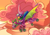 Size: 815x577 | Tagged: safe, artist:mrraapeti, spike, twilight sparkle, dragon, pony, comic:outlaw au, g4, canterlot, cloud, flying, goggles, mask, ponies riding dragons, riding, winged spike, wings