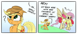 Size: 2300x1040 | Tagged: safe, artist:chopsticks, apple bloom, applejack, fluttershy, bat pony, earth pony, pegasus, pony, bats!, g4, accent, applejack's hat, bat ponified, butt fluff, cheek fluff, chest fluff, comic, cowboy hat, dialogue, ear fluff, fangs, female, filly, floppy ears, flutterbat, flying, funny, hat, literal minded, looking up, mare, mouth hold, open mouth, race swap, running, shrunken pupils, text, this will end in tears, this will end in tears and/or breakfast, unshorn fetlocks, yelling
