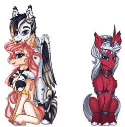 Size: 1572x1594 | Tagged: safe, artist:sugarypolecat, oc, oc only, oc:scarlett serene silvermoon, oc:sketch blackwing, oc:sugar polecat, pegasus, pony, unicorn, 2021 community collab, derpibooru community collaboration, black feathers, chest fluff, couple, ear fluff, ear piercing, earring, female, hoof fluff, horn, horn ring, jewelry, looking at you, male, mare, piercing, red body, ring, simple background, smiling, stallion, transparent background, white body