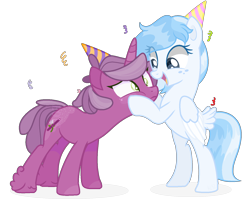 Size: 1528x1236 | Tagged: safe, artist:empress-of-the-seas, artist:katelynleeann42, oc, oc only, oc:snow lily, oc:winter lily, pegasus, pony, unicorn, base used, female, hat, mare, party hat, simple background, transparent background