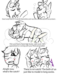 Size: 864x1152 | Tagged: safe, artist:dsstoner, applejack, flam, flim, earth pony, pony, unicorn, g4, blushing, butt, clothes, comic, female, flim flam brothers, male, mare, partial nudity, plot, socks, stallion, text, thigh highs