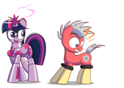 Size: 1280x906 | Tagged: safe, artist:trackheadtherobopony, twilight sparkle, oc, oc:trackhead, alicorn, gynoid, pony, robot, robot pony, g4, emanata, female, gritted teeth, magic, open mouth, open smile, ponified, revenge, roboticization, role reversal, shocked, shocked expression, simple background, smiling, species swap, transparent background, twibot, twilight sparkle (alicorn)