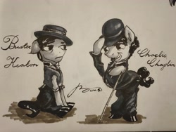 Size: 4608x3456 | Tagged: safe, artist:musical ray, pony, buster keaton, charlie chaplin, clothes, hat, monochrome, ponified, traditional art