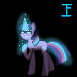 Size: 1080x1080 | Tagged: safe, artist:itzf1ker1, sci-twi, twilight sparkle, oc, pony, unicorn, g4, black background, female, glasses, glowing horn, horn, mare, powerful sparkle, simple background, solo, tail