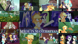 Size: 1968x1108 | Tagged: safe, edit, edited screencap, editor:quoterific, screencap, applejack, blue peeler, blueberry curls, charlie horse, coco pommel, late show, on stage, pearly stitch, rarity, raspberry beret, waxton, g4, made in manehattan, bronclyn, coco's apartment, manehattan, stage, twilight's castle