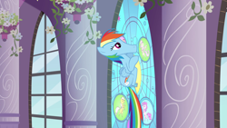 Size: 1920x1080 | Tagged: safe, screencap, rainbow dash, pegasus, pony, the return of harmony, female, great moments in animation, mare, solo, stained glass window, why the long face