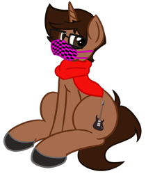 Size: 2616x3111 | Tagged: safe, artist:nerdymexicanunicorn, oc, oc only, oc:nerdy, pony, unicorn, 2021 community collab, derpibooru community collaboration, clothes, cutie mark, face mask, glasses, high res, male, mask, missing texture, scarf, simple background, sitting, solo, stallion, transparent background
