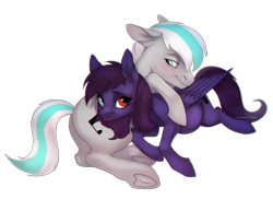 Size: 2088x1616 | Tagged: safe, artist:lunnita_pony, oc, oc only, oc:pestyskillengton, oc:silvernote, earth pony, pegasus, pony, 2021 community collab, derpibooru community collaboration, blushing, duo, family, female, heterochromia, looking at each other, love, male, mare, pregnant, simple background, stallion, transparent background, wings