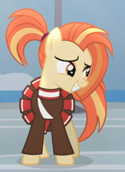 Size: 398x548 | Tagged: safe, screencap, shimmy shake, earth pony, pony, derpibooru, 2 4 6 greaaat, g4, cheerleader, cheerleader outfit, clothes, cropped, female, juxtaposition, mare, meta, smiling, solo