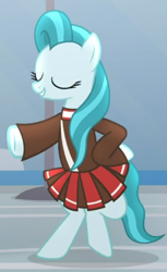 Size: 404x661 | Tagged: safe, screencap, lighthoof, earth pony, pony, 2 4 6 greaaat, g4, bipedal, cheerleader, cheerleader outfit, clothes, cropped, female, mare, smiling, solo