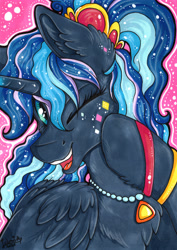 Size: 3449x4884 | Tagged: safe, artist:julunis14, princess luna, alicorn, pony, between dark and dawn, g4, 80s, 80s princess luna, alternate hairstyle, band, bracelet, bust, chest fluff, ear fluff, female, funky, jewelry, marker drawing, necklace, one eye closed, ponytail, portrait, scrunchie, solo, traditional art, wink