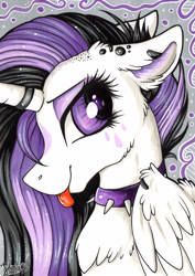 Size: 3443x4872 | Tagged: safe, artist:julunis14, princess celestia, alicorn, pony, between dark and dawn, g4, :p, alternate hairstyle, bust, chest fluff, choker, collar, ear fluff, female, horn, horn ring, marker drawing, piercing, portrait, punklestia, ring, seductive look, solo, spiked choker, tongue out, traditional art, wing fluff