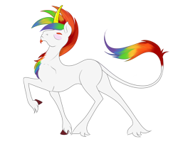 Size: 2578x2097 | Tagged: safe, artist:eqamrd, oc, oc only, oc:kadaus, classical unicorn, pony, unicorn, 2021 community collab, derpibooru community collaboration, cloven hooves, curved horn, high res, horn, leonine tail, long tail, male, multicolored hair, rainbow hair, simple background, solo, stallion, transparent background, unshorn fetlocks