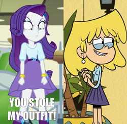 Size: 1481x1450 | Tagged: safe, edit, edited screencap, screencap, rarity, human, dance magic, equestria girls, equestria girls specials, g4, angry, caption, clothes, cropped, crossover, female, image macro, impact font, lori loud, meme, similarities, skirt, text, the loud house