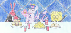 Size: 2152x1000 | Tagged: safe, artist:nathanamiel, artist:spongebronyph, twilight sparkle, alicorn, pony, seapony (g4), g4, my little pony: the movie, bowing, color pencil, colored pencil drawing, crossover, food, french fries, krabby patties, krusty krab, male, mr. krabs, soda, spoiler, spongebob squarepants, text, traditional art, trio, twilight sparkle (alicorn)