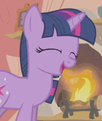 Size: 456x540 | Tagged: safe, screencap, twilight sparkle, pony, unicorn, g4, season 1, winter wrap up, animated, cropped, cute, eyes closed, female, fire, fireplace, gif, giggling, golden oaks library, laughing, laughingmares.jpg, mare, open mouth, solo, twiabetes, unicorn twilight