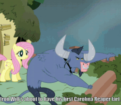 Size: 476x416 | Tagged: safe, edit, edited screencap, screencap, fluttershy, iron will, minotaur, pegasus, pony, g4, putting your hoof down, animated, chili, cropped, food, hot pepper, implied farting, loop, pepper