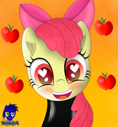 Size: 3840x4154 | Tagged: safe, artist:damlanil, apple bloom, earth pony, pony, g4, adorabloom, apple, apple bloom's bow, blushing, bow, catsuit, clothes, cute, female, filly, food, hair bow, happy, heart, heart eyes, latex, latex suit, looking at you, mare, open mouth, rubber, shine, shiny, simple background, smiling, spy, suit, vector, weapons-grade cute, wingding eyes