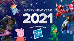 Size: 1600x900 | Tagged: safe, artist:hasbro, rainbow dash, human, pegasus, pig, pony, anthro, g4.5, my little pony: pony life, 2021, anthro with ponies, gekko (pj masks), happy new year, happy new year 2021, hasbro, holiday, magic the gathering, optimus prime, peppa pig, peppa pig (character), pj masks, transformers