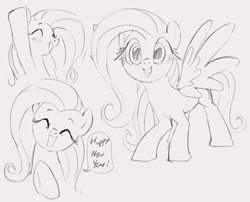 Size: 945x765 | Tagged: safe, artist:dotkwa, fluttershy, pegasus, pony, g4, bust, cute, dialogue, eyes closed, female, happy, happy new year, holiday, looking at you, mare, monochrome, open mouth, raised hoof, shyabetes, sketch, smiling, solo, speech bubble, spread wings, standing, wings