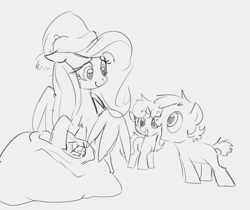 Size: 874x733 | Tagged: safe, artist:dotkwa, fluttershy, earth pony, pegasus, pony, unicorn, g4, christmas, colt, female, filly, hat, holiday, looking at each other, looking at someone, male, mare, monochrome, open mouth, present, santa hat, santa sack, sketch, smiling, wings