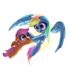 Size: 3000x3300 | Tagged: safe, artist:opal_radiance, rainbow dash, scootaloo, pegasus, pony, g4, backwards cutie mark, cute, cutealoo, dashabetes, female, filly, flying, high res, looking at each other, mare, open mouth, scootaloo can fly, scootalove, simple background, smiling, spread wings, sun, transparent background, wings