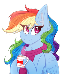 Size: 3032x3574 | Tagged: safe, artist:tizhonolulu, rainbow dash, pegasus, pony, g4, blushing, chocolate, clothes, commission, food, high res, hot chocolate, mug, scarf, simple background, solo, transparent background, ych result