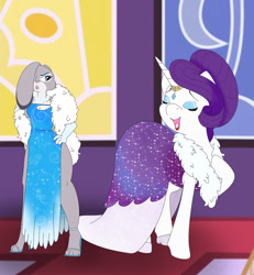 Size: 1185x1280 | Tagged: safe, artist:aurorastar1, artist:matty4z, rarity, pony, rabbit, unicorn, g4, animal, background used, clothes, crossover, dignified wear, dress, duo, duo female, eyes closed, eyeshadow, feather boa, female, floppy ears, gala dress, gloves, grand galloping gala, hand on hip, high heels, hoof on chest, horn, horn jewelry, horn ring, jewelry, judy hopps, lipstick, makeup, necklace, open mouth, open smile, pearl necklace, requested art, ring, shoes, smiling, unamused, zootopia