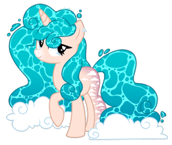 Size: 1743x1469 | Tagged: safe, artist:leaficun3, oc, oc only, oc:crystal clear, pony, unicorn, beige coat, cloud pattern, ear piercing, facial markings, female, full body, mare, mealy mouth (coat marking), piercing, raised hoof, simple background, smiling, solo, transparent background, water mane, water tail