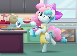 Size: 6850x5000 | Tagged: safe, artist:jhayarr23, oc, oc only, oc:sugar drizzle, pony, unicorn, apple, apron, baking, bipedal, bow, bowl, clothes, commission, cute, female, food, freckles, hair bow, mare, milk, ocbetes, one eye closed, rolling pin, solo, wink