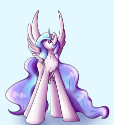 Size: 3334x3675 | Tagged: safe, artist:coco-drillo, princess celestia, alicorn, pony, g4, chest fluff, ear fluff, high res, looking up, majestic, majestic as fuck, simple background, solo, spread wings, standing up, wings