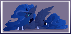 Size: 3207x1545 | Tagged: safe, artist:justeuge, princess luna, alicorn, pony, g4, colored pupils, concave belly, crown, female, hoof shoes, jewelry, long mane, long tail, looking at you, looking sideways, lying down, mare, one wing out, partially open wings, princess shoes, prone, regalia, simple background, slender, smiling, smiling at you, solo, spread wings, tail, thin, wings