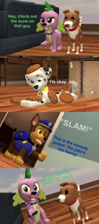 Size: 1920x4320 | Tagged: safe, artist:red4567, spike, spike the regular dog, winona, dalmatian, dog, german shepherd, equestria girls, g4, 3d, box, buns, chase (paw patrol), comedy police, crossover, dutch angle, gun, marshall (paw patrol), paw patrol, pun, source filmmaker, that escalated quickly, vine video, weapon, well that escalated quickly